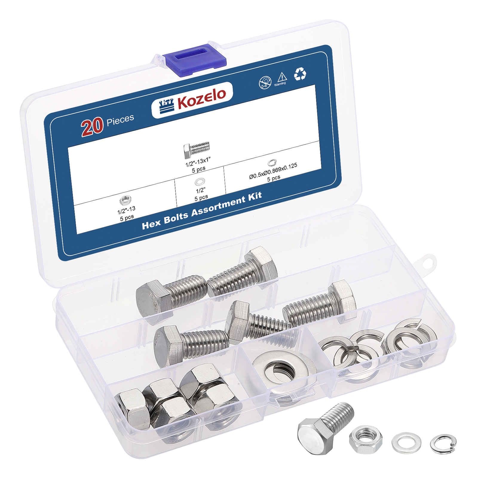 Kozelo 20 Pcs Bolts and Nuts Washers Kit - [1/2"-13x1"] 304 Stainless Steel Hex Tap Bolt Assortment Fully Threaded Hexagon Head Machine Bolts Right Hand External Hex Drive, Silver Tone — image 1