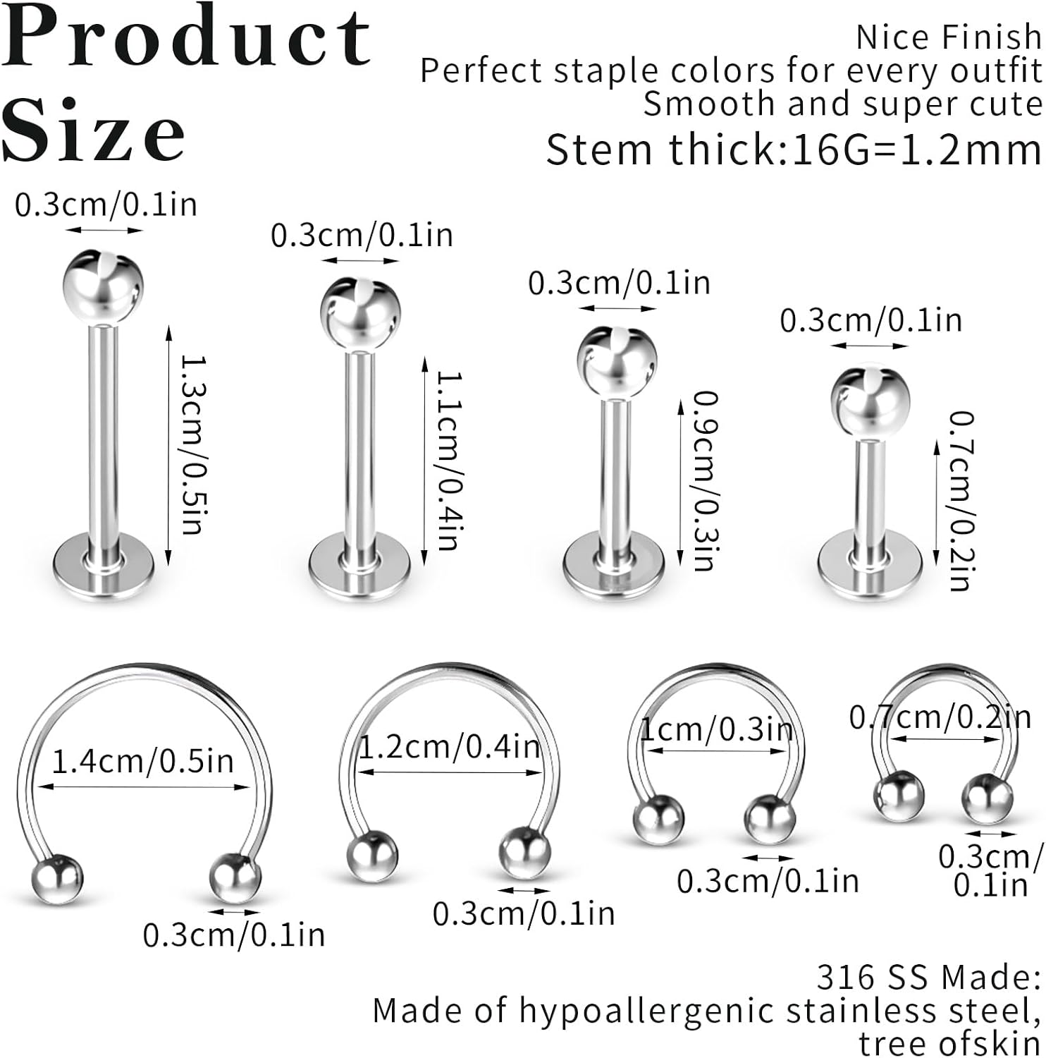 32Pcs Lip Rings for Women 16G Stainless Steel Horseshoe Labret Studs Monroe Lip Barbell Ring Snake Bite Piercing Jewelry Helix Earring Daith Tragus Cartilage Surgical Steel Jewelry - Image 5