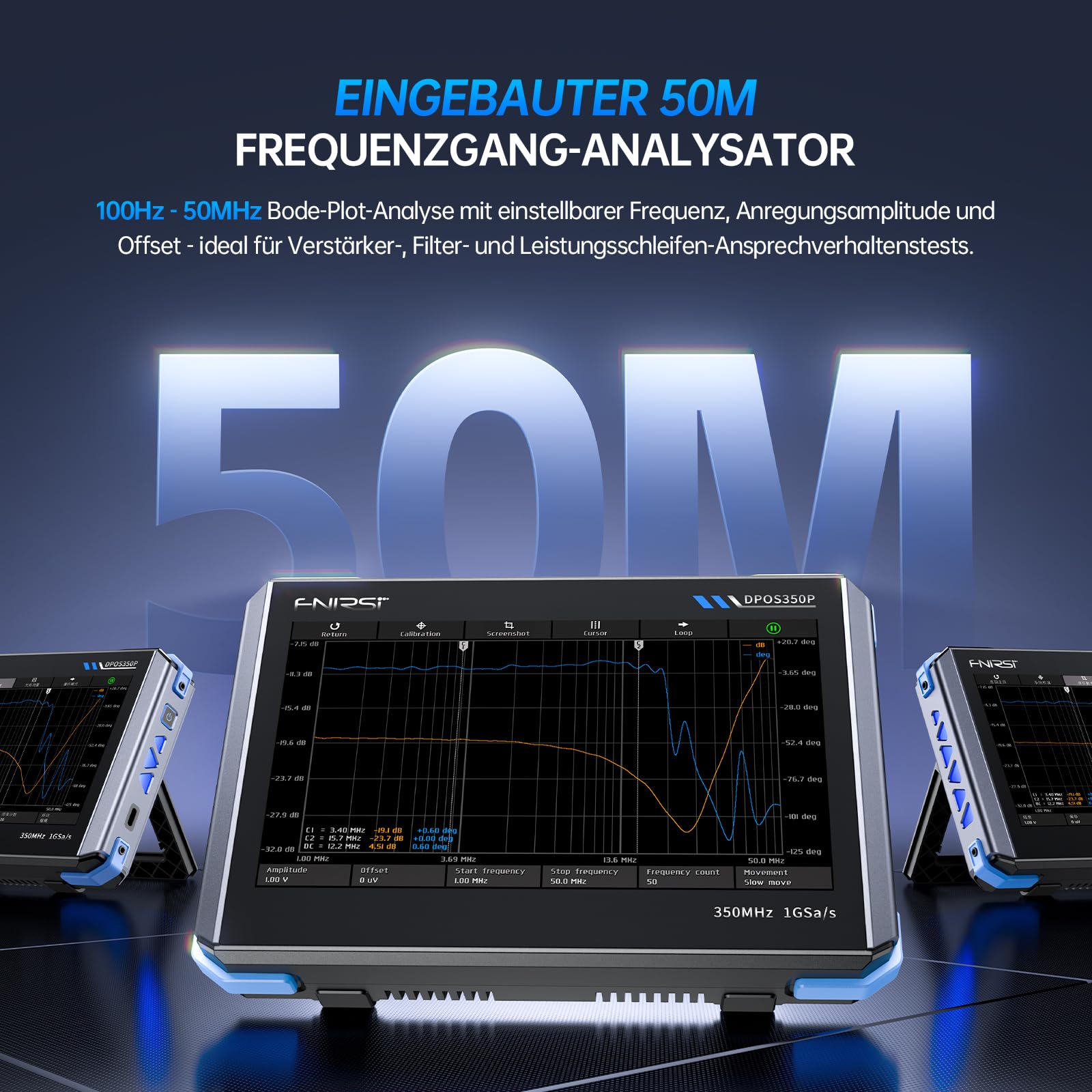 FNIRSI DPOS350P 4-in-1 Tablet-Oszilloskop 350 MHz, Spektrumanalysator 200 kHz – 350 MHz, Frequenzganganalysator DDS-Generator, 2-Kanal-Handoszilloskop 1 GSa/s, 7-Zoll-Touchscreen, digitaler Phosphor