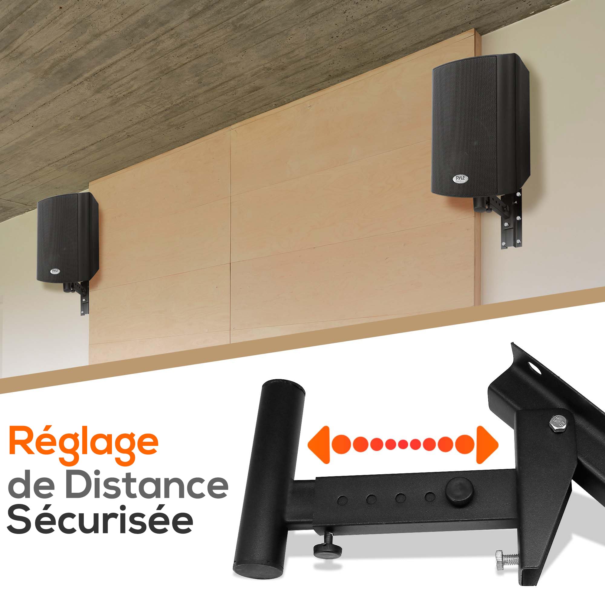 Pyle Support Mural d’Enceinte Universel – Paire Réglable Jusqu’à 31,7 cm du Mur, Inclinaison 90°-30°, Rotation, Goupille de Sécurité en Acier Solide – Fixation Murale Hi-FI/Home Cinéma