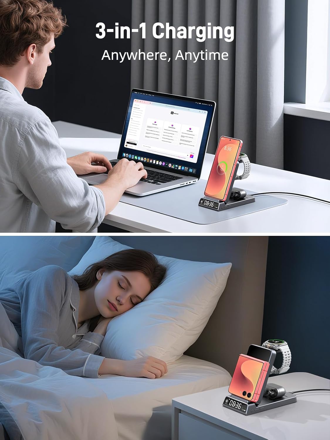 Wireless Charger for Samsung Galaxy Z Flip 7/7 FE/6/S26/S25 Ultra, 3 in 1 Charging Station with Clock for Samsung, Watch Charger for Samsung Galaxy Watch 8/7/6/5 Pro, Galaxy Buds 3 Pro/3/2 Pro(Grey)