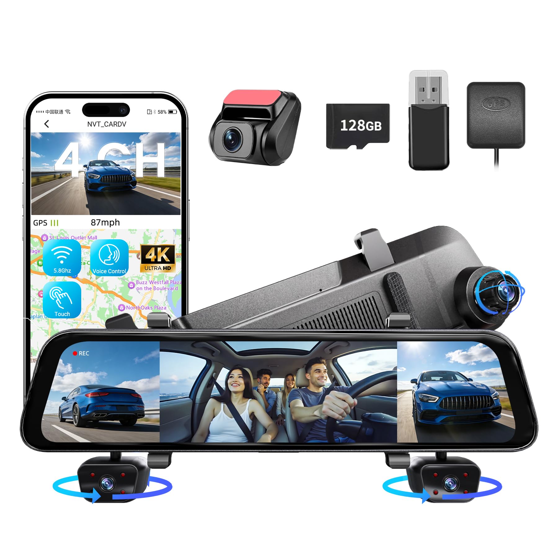 Photo 1 of 12" 4K Mirror Dash Cam with STARVIS 2 Sensor,View Rear Mirror Camera Fron and Rear Inside,Built-in 5.8G WiFi GPS, APP Control,Back up Camera for Cars,8 IR Night Vision Free 128G