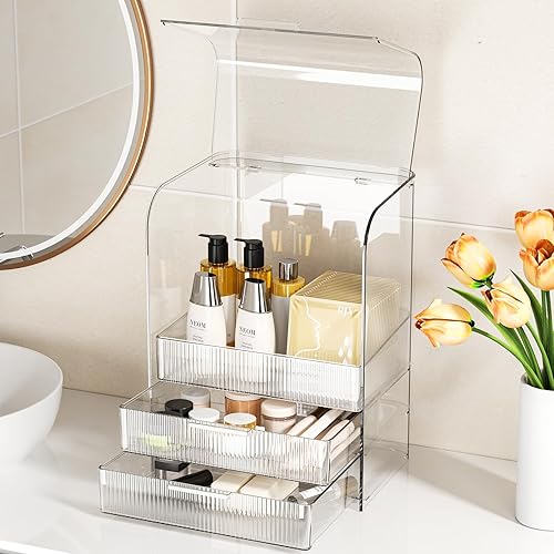 Miniatura 6 de GearFusion Organizador de cosméticos transparente de 3 niveles, vitrina de maquillaje con tapa y cajones, caja de almacenamiento de tocador, soporte