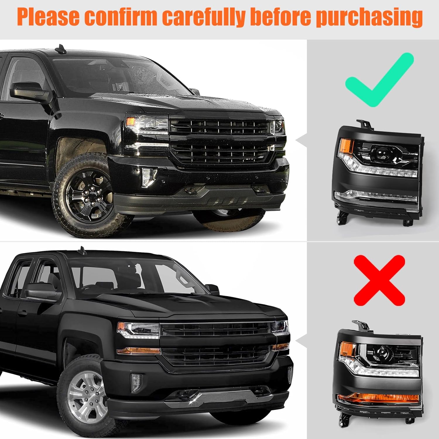 FIONE Full LED Headlights Assembly Compatible with Chevy Silverado 1500 2016 2017 2018/2019 Silverado 1500 LD Clear Lens Black Housing W/LED DRL Projector Headlamp Left Driver Right Passenger Side