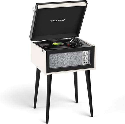 Tocadiscos de vinilo negro de pie vintage con patas desmontables, altavoces estéreo integrados, ganancia de agudos y graves, reproductor LP de