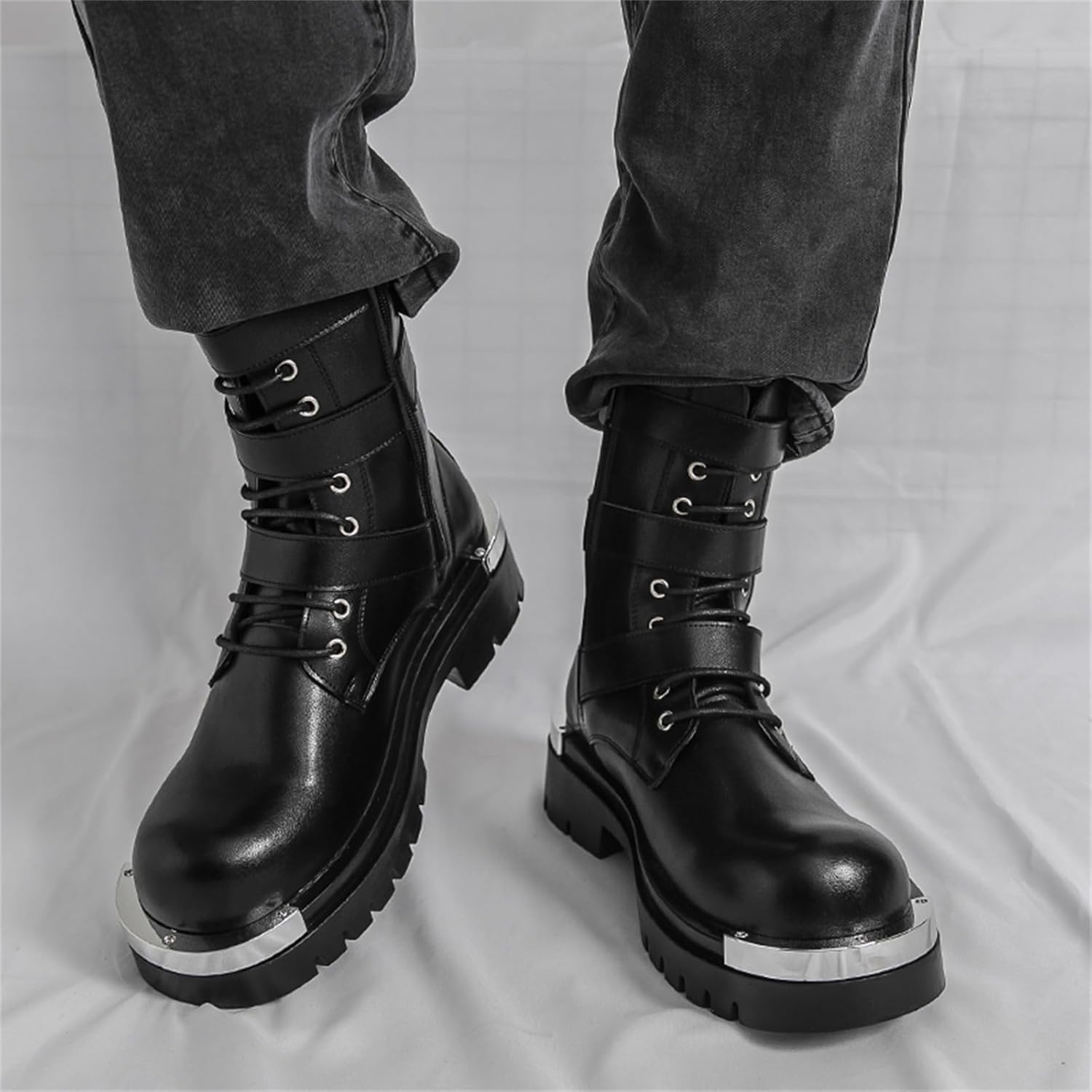 Men's Leather Lace Up Platform Military Combat Boots with Multiple Buckle Side Zip Chunky Heel Goth Motorcycle Trendy Round Toe Lug Sole Non Slip Comfort Y2K Boots for Motorcycle Rides Daily Work - Image 5