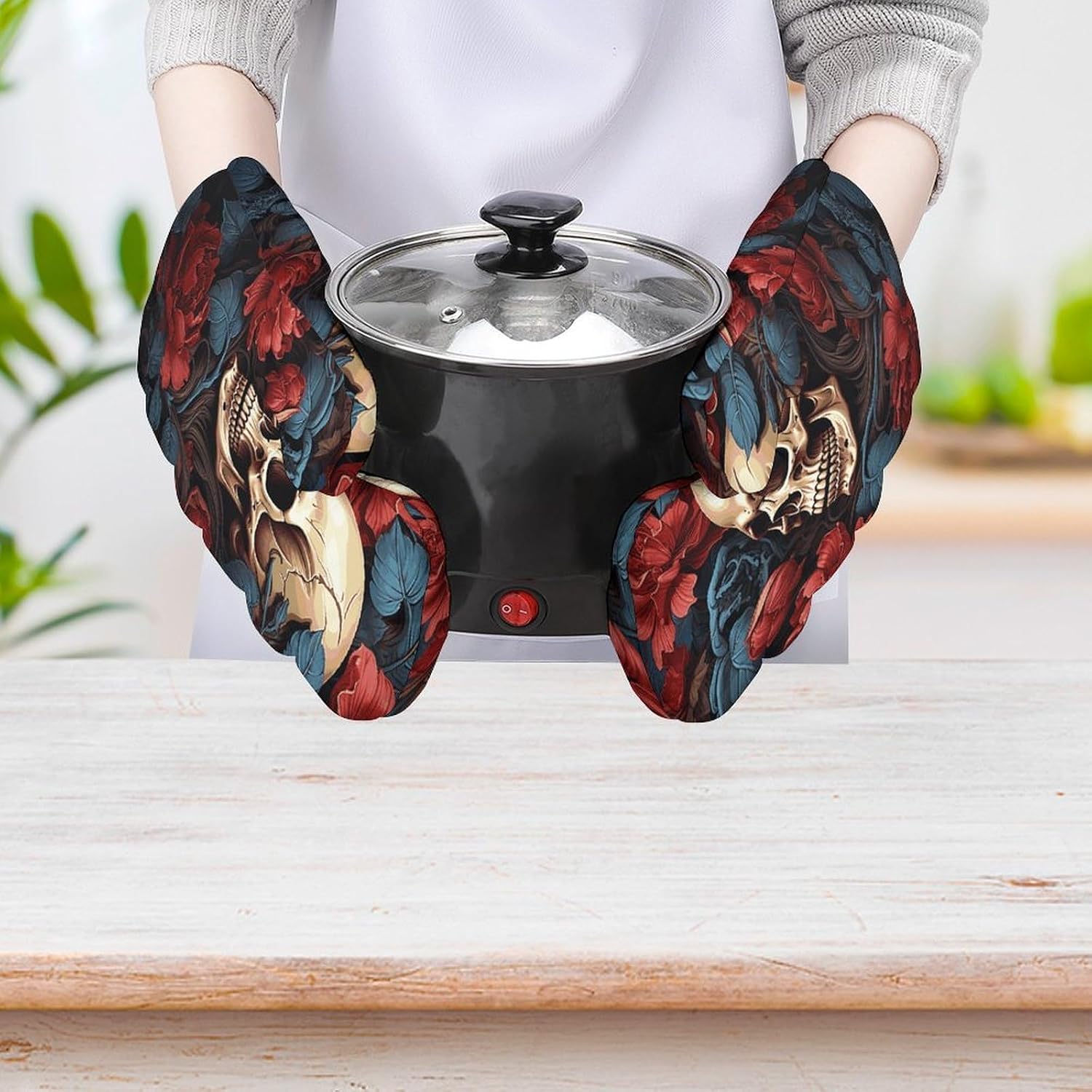 2 Pcs Oven Mitts Heat Resistant Kitchen Gloves Soft Safety Skull Image Poster Oven Glove for Microwave, Barbecue