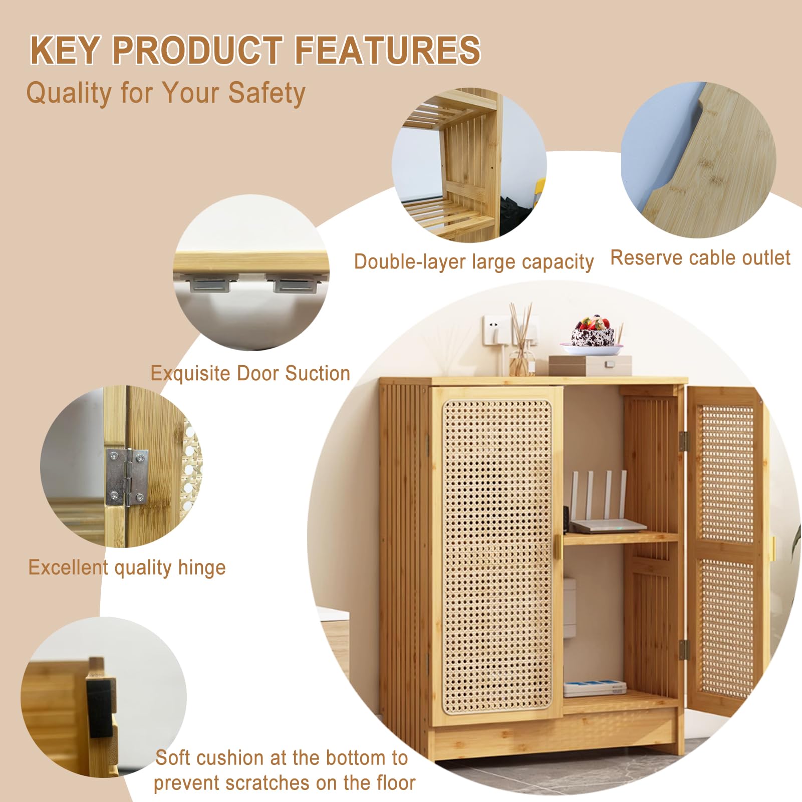Jueraori Rattan Router Schrank Verstecken, WiFi Router Aufbewahrungsbox mit Verstellbaren Regalen, Vielseitig Bambus Aufbewahrungsschrank für Wäsche, Küche, Wohnzimmer, 70x50x25cm
