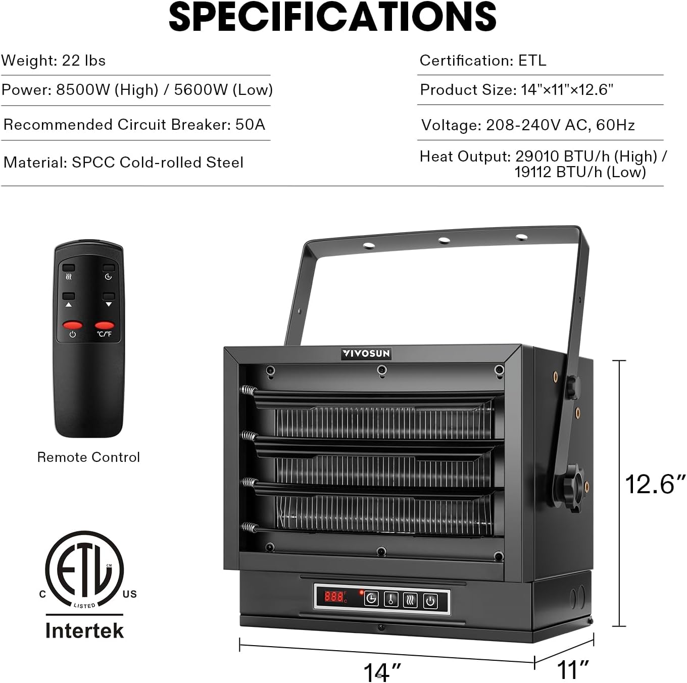 VIVOSUN 8500W Electric Garage Heater specifications and dimensions