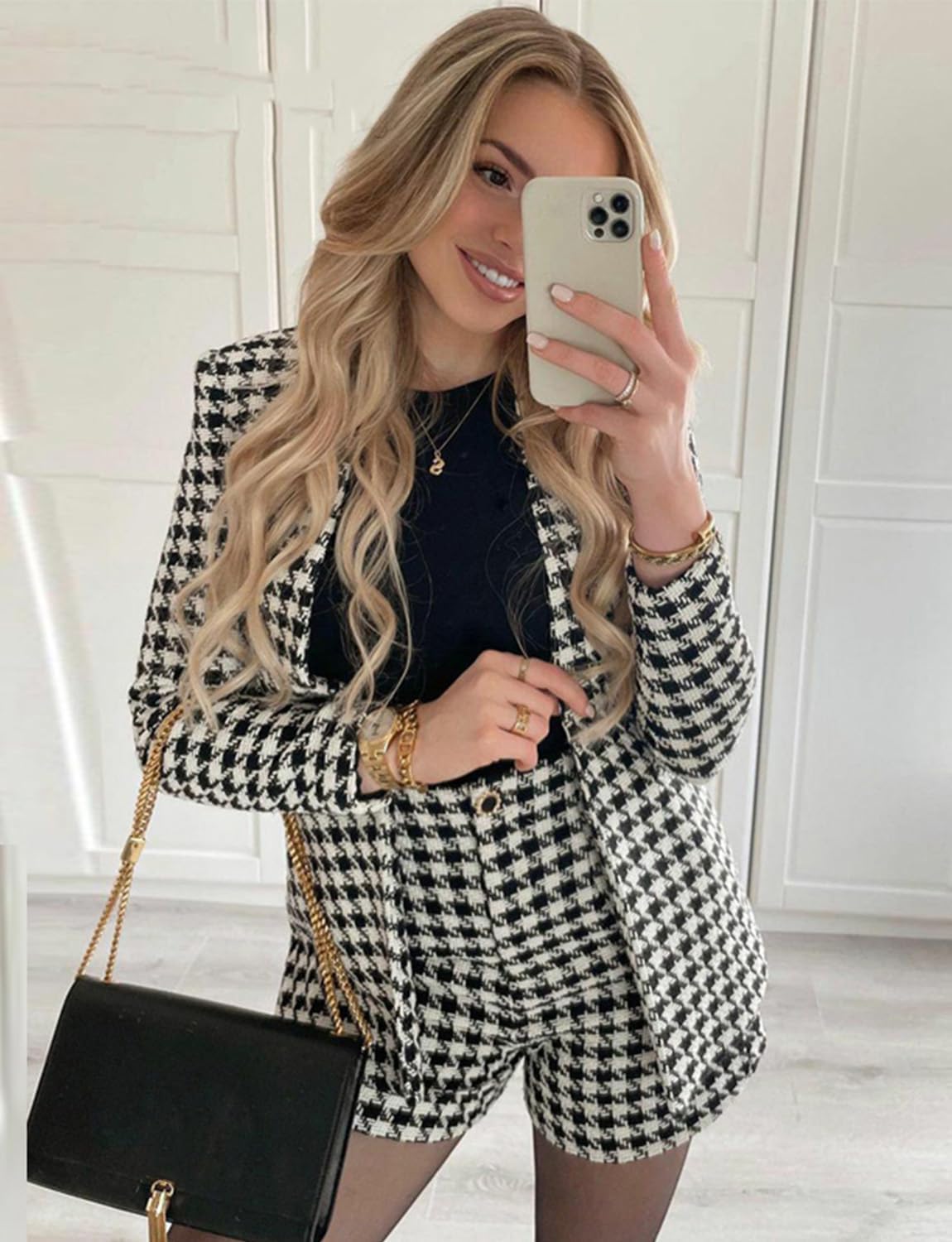 Women's Houndstooth 2Pcs Suit Double Breasted Buttons Tuxedos Jacket+ Short Pants Set