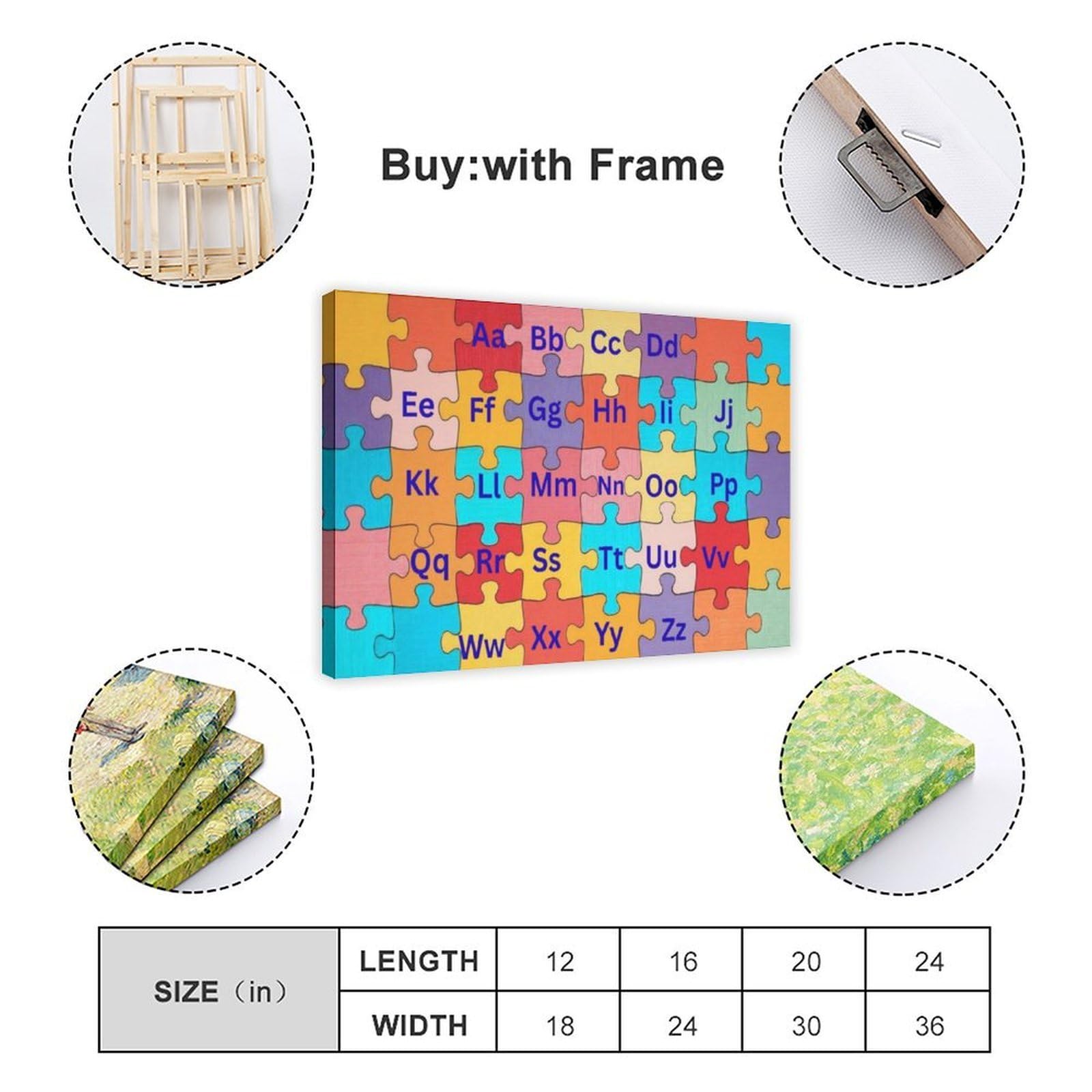 Décoration éducative en forme de lettres de l'alphabet pour enfants dans un puzzle - Poster sur toile - Décoration de chambre à coucher, bureau, chambre - Cadeau - 40 x 60 cm