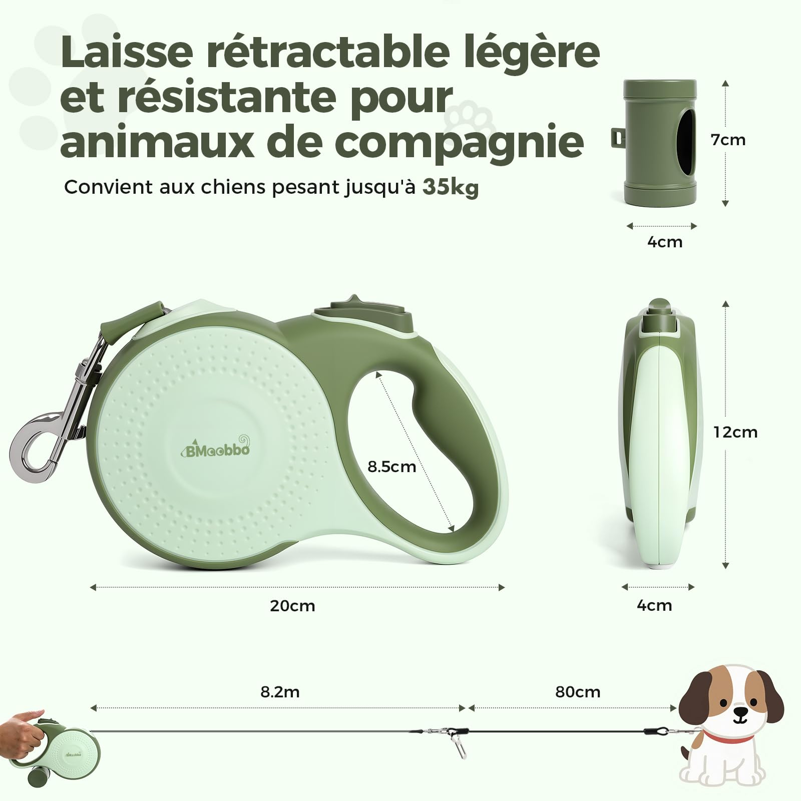 Laisse rétractable pour Chien 8m, Laisse rétractable avec Corde en Acier résistante aux morsures et Support pour Sac à crottes, pour Chiens jusqu'à 35 kg, pour entraînement, forêt, Plage