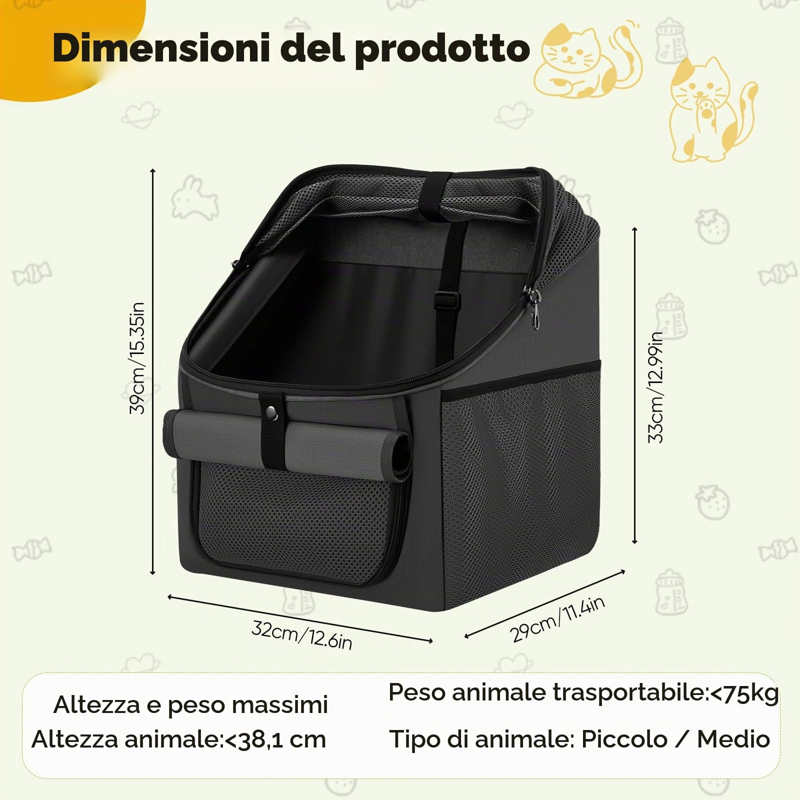 Cestino anteriore per bicicletta per cani, 4 in 1, fino a 6 kg, borsa da bicicletta pieghevole per animali domestici, con finestre in rete e cintura di sicurezza, borsa da viaggio per cani e gatti di