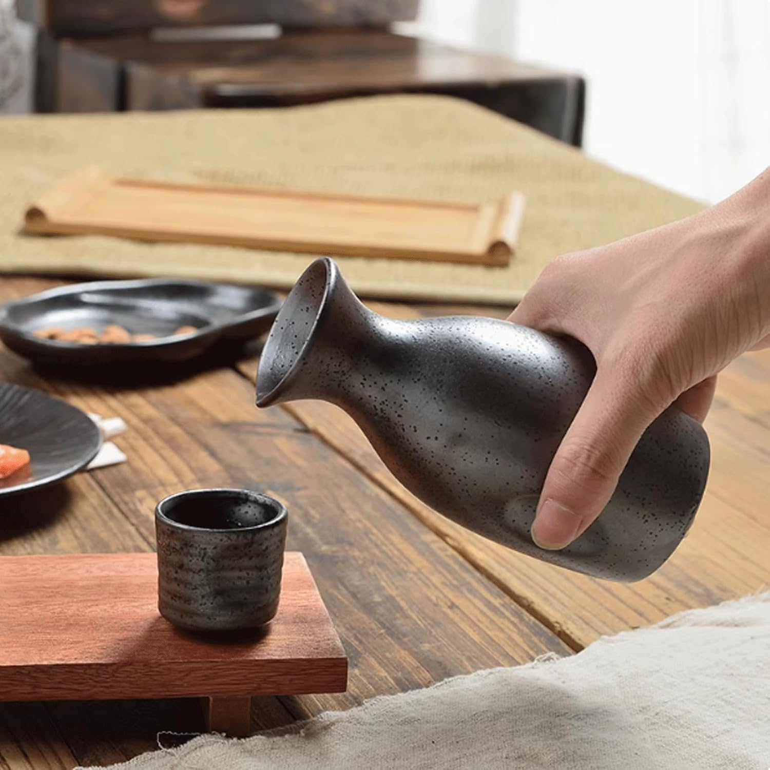 Sake Drinkware Japanese Ceramic Sake Cup Set 4 Sake Cup with a Bottle Black 5 Pieces Pottery Sake Cup Set Sake Gift Set