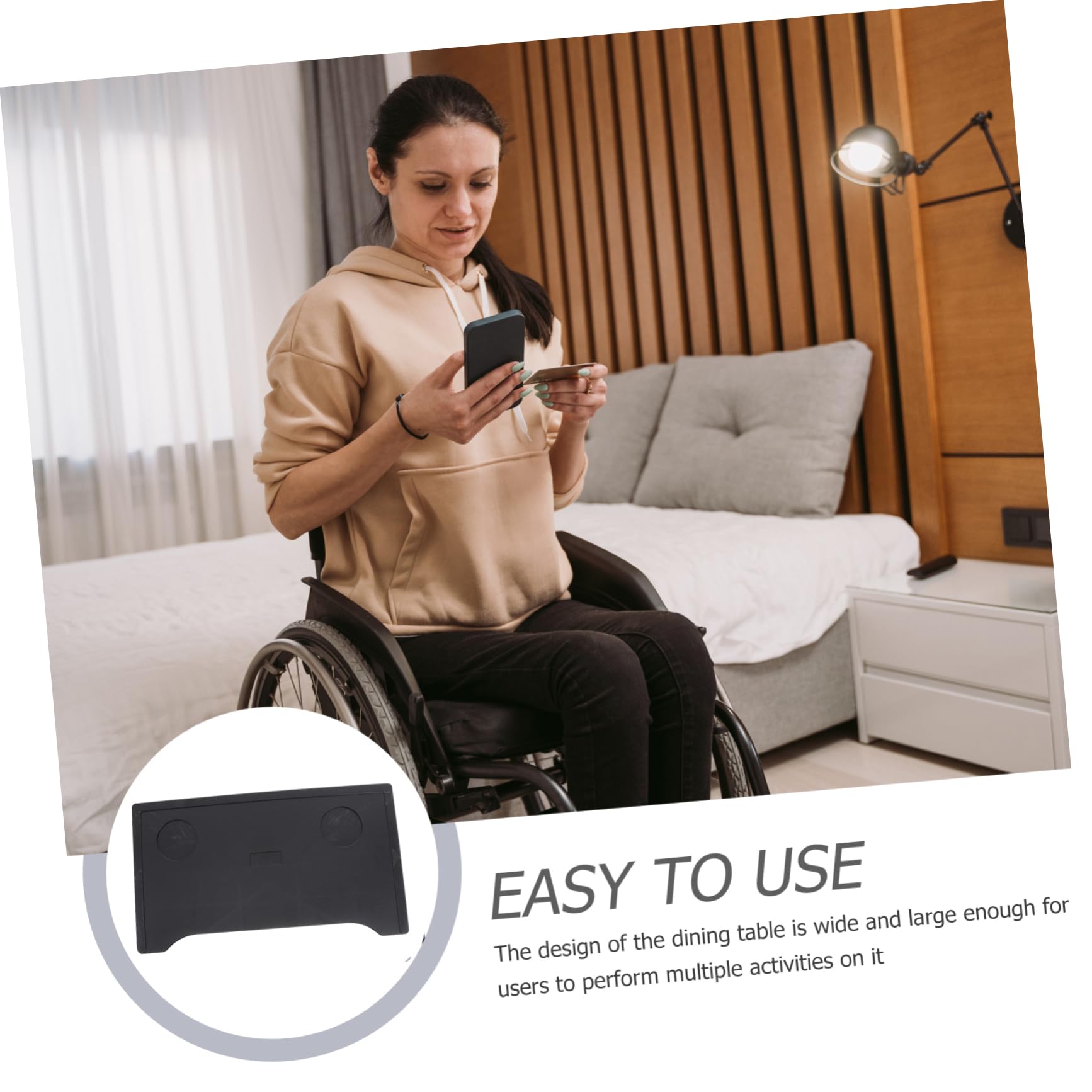 Mesa Desmontable Para Silla De Ruedas De Plástico Resistente Con Doble Portavasos Para Mayoría De Sillas Estándar Para Comer Leer y Trabajar Movilidad