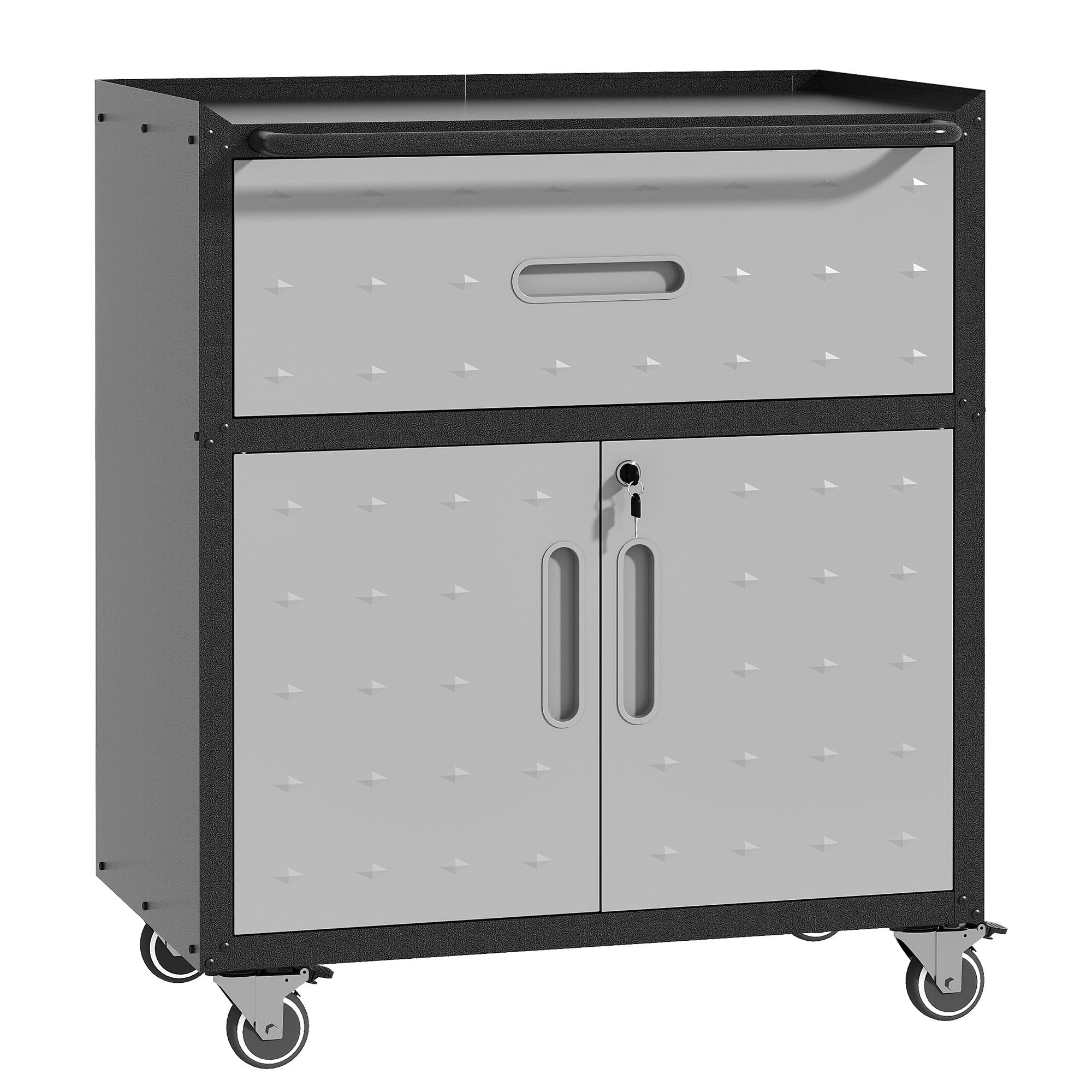 Armario de herramientas de metal resistente con ruedas con 2 puertas de bloqueo y estantes ajustables para garaje, taller, almacén, color negro y gris