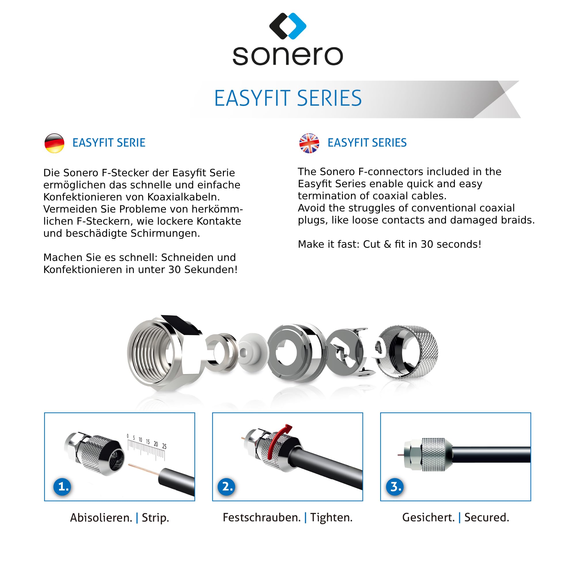 Sonero, Wtyk F do kabla satelitarnego, antenowego, kabla koncentrycznego o średnicy 6,5-7,5 mm, łatwe samodzielne konfekcjonowanie, chrom, zestaw 4 sztuk