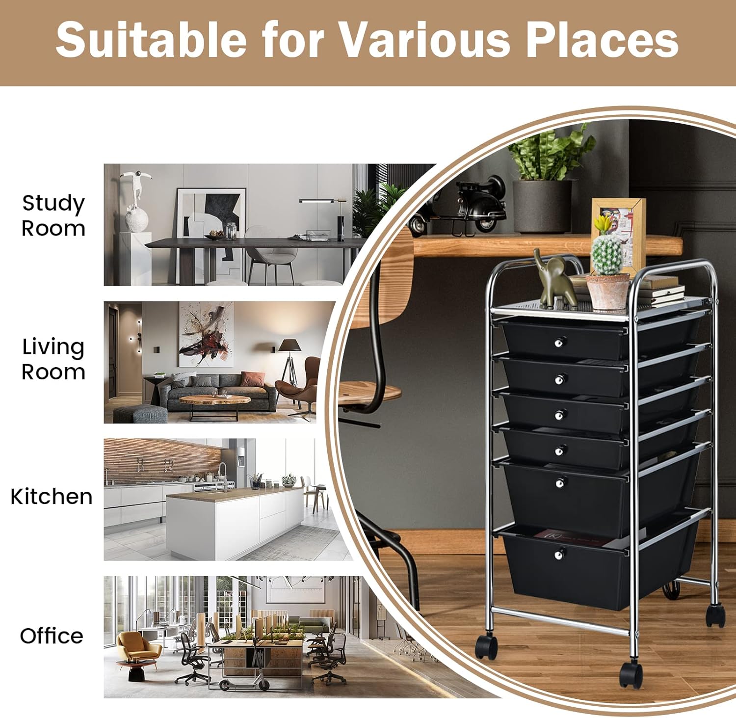 COSTWAY 6-Drawer Rolling Storage Cart, Multifunctional Art Craft Tools Organizer on Wheels, Heavy Duty Utility Mobile Storage Trolley w/ 2 Lockable Wheels for Home Office School (Black)