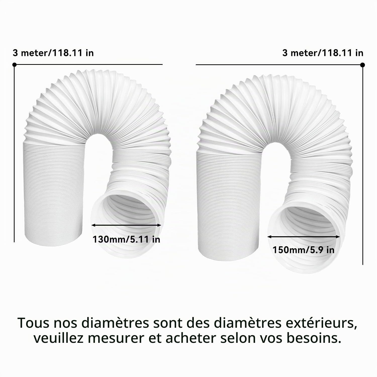 3 Mètres PP Tuyau pour Climatiseur Mobile, 130 mm Extensible Mobile Air Conditionné Tuyau D'échappement Chaleur D'échappement en Acier CCW Filetage de évent pour La Réparation de Conditionneur
