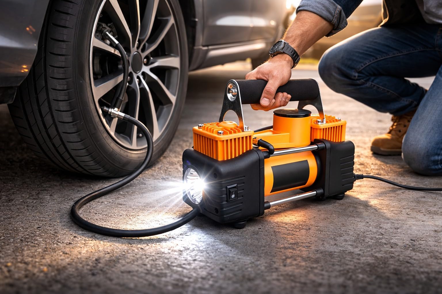 Mini Compressore Aria Portatile 12V 150 PSI Doppio Cilindro con Manometro e Tubo d'Aria Gonfiatore Pneumatici Auto SUV Camper 40L/min con Morsetti Batteria e Accendisigari + Borsa