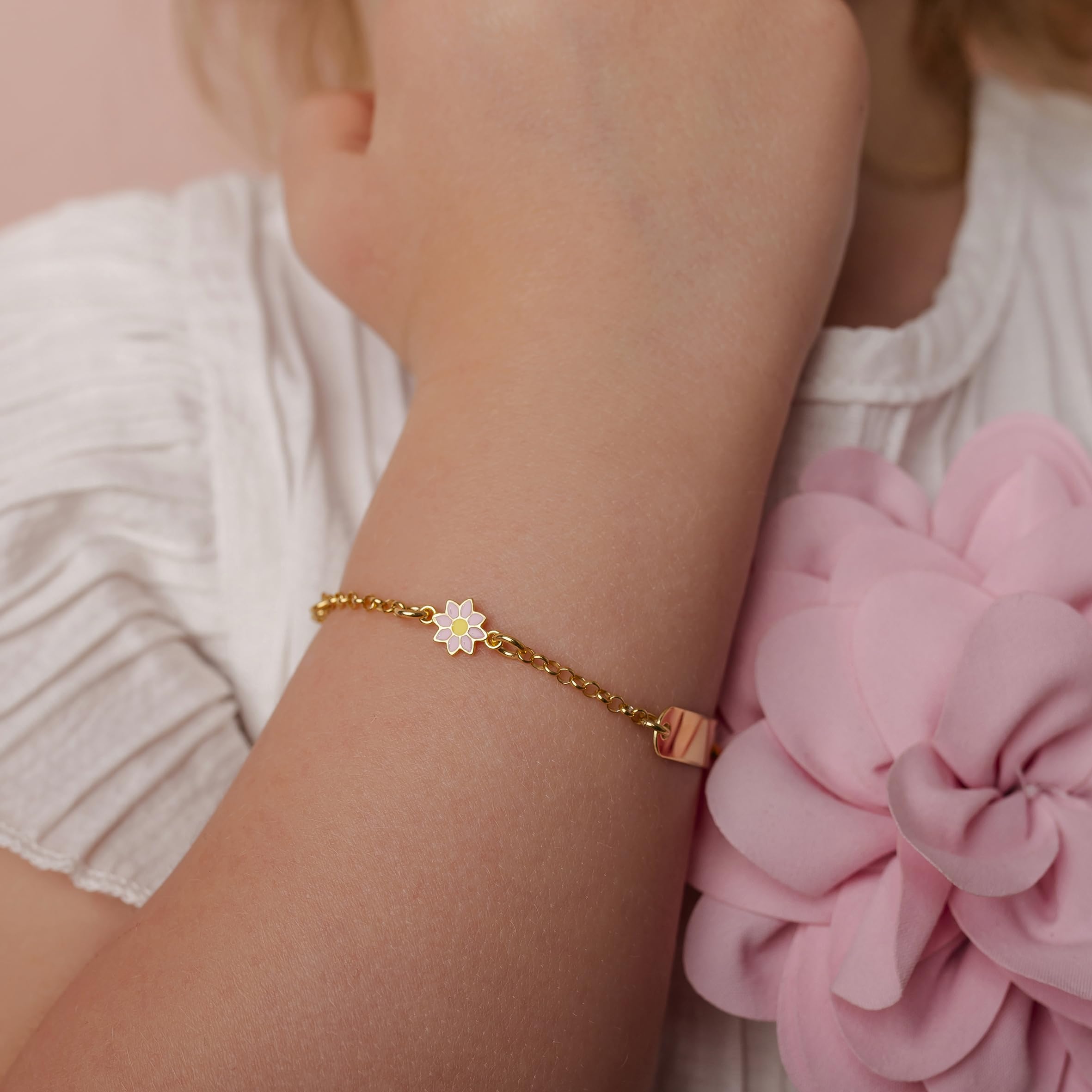 Sakrami Bracelet en Argent 925 Plaquette Gravée pour Enfants avec Fleur et Coeur + Boîte Cadeau Personnalisée - Bracelet de Naissance Communion ou Baptême
