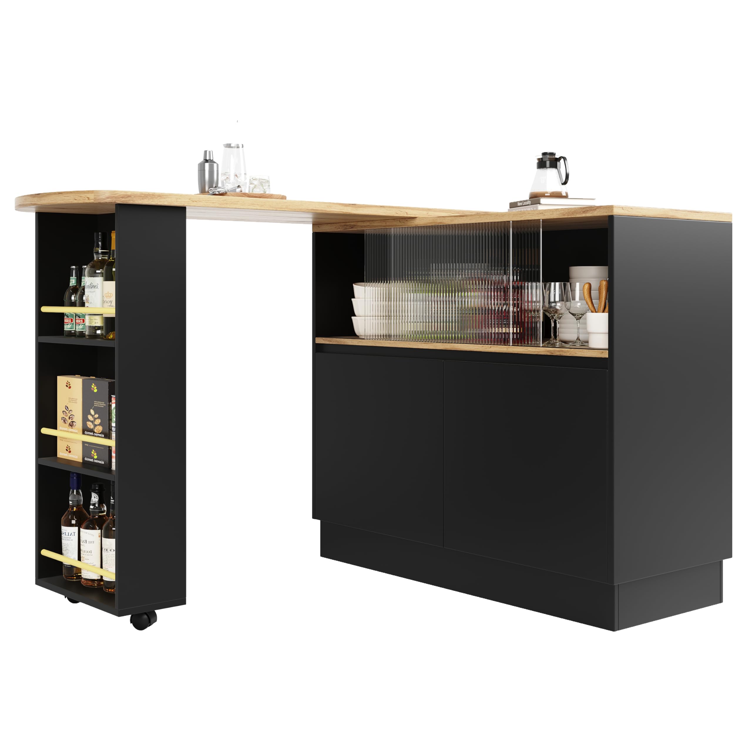 Comestible giratorio 360° (cuerpo principal 90 x 45 x 100 cm), moderno, simple, multifuncional, giratorio con estantes y cristal, adecuado para cocinas y restaurantes (negro)