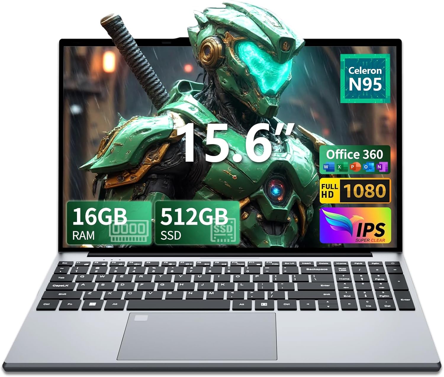 PC portatile 15,6 pollici FHD, 16 GB RAM 512 GB SSD Alder Lake N95 fino a 3,4 GHz, Win 11 Pro Notebook Office 365, tastiera retroilluminata con tastierino numerico, sensore impronte digitali, USB 3.0/HDMI, WiFi 5