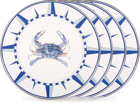 Golden Rabbit Enamelware Dinner Plates, 10.5 inch, Blue Crab, Set of 4