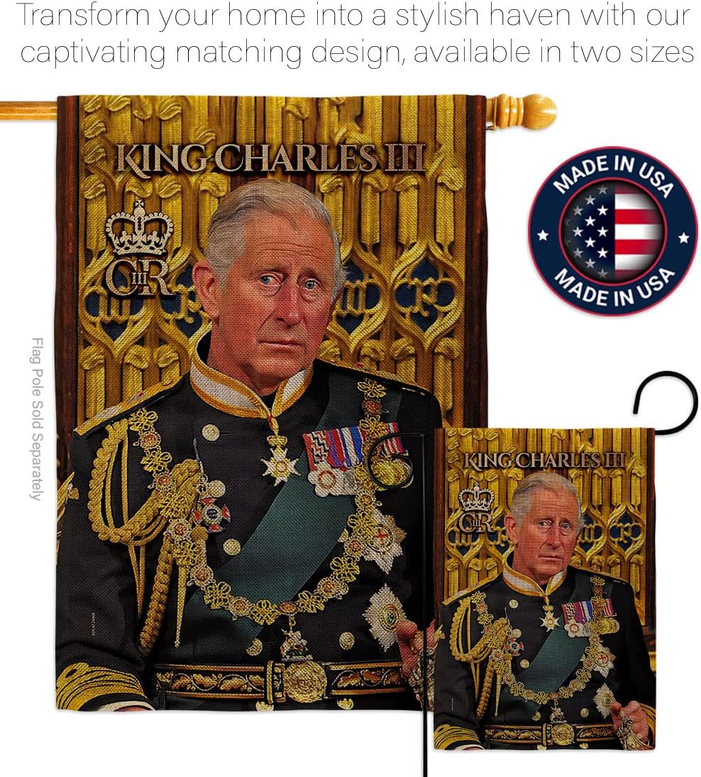 King Charles III Coronation Day Yard Signs Wall Decor American Flag Banner Pack Patio Porch Garden Outdoor Burlap Tapestry Party Decorations Souvenir UK United Kingdom Memorabilia Made in USA