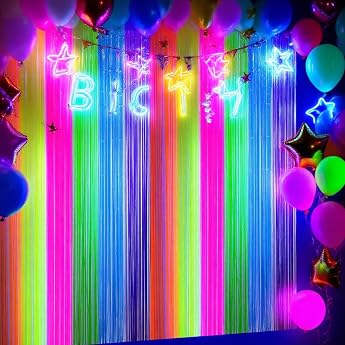 Pack of 2 Neon Tinsel Curtains 6 Colours Fluorescent Foil Fringes UV Party Decoration Photo Background Streamers for Black Light Glow Party Birthday Luminous Under UV Light 1 m x 2 m