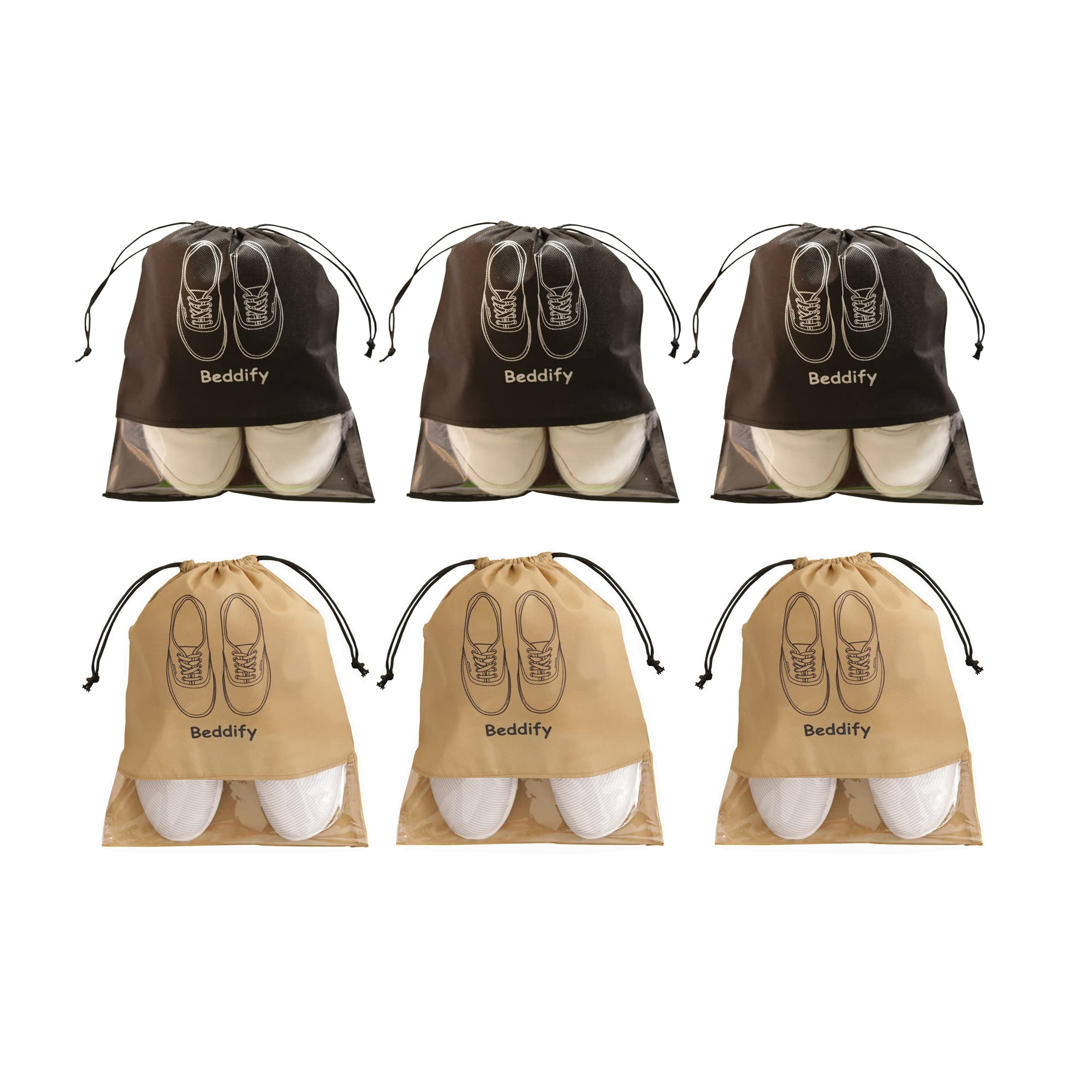 Beddify 12 fundas para zapatos de viaje (12 x 16 pulgadas), no tejidas, portátiles, organizadoras, duraderas (juego de 12), Negro y beige, Pack of 6, Accesorios de viaje