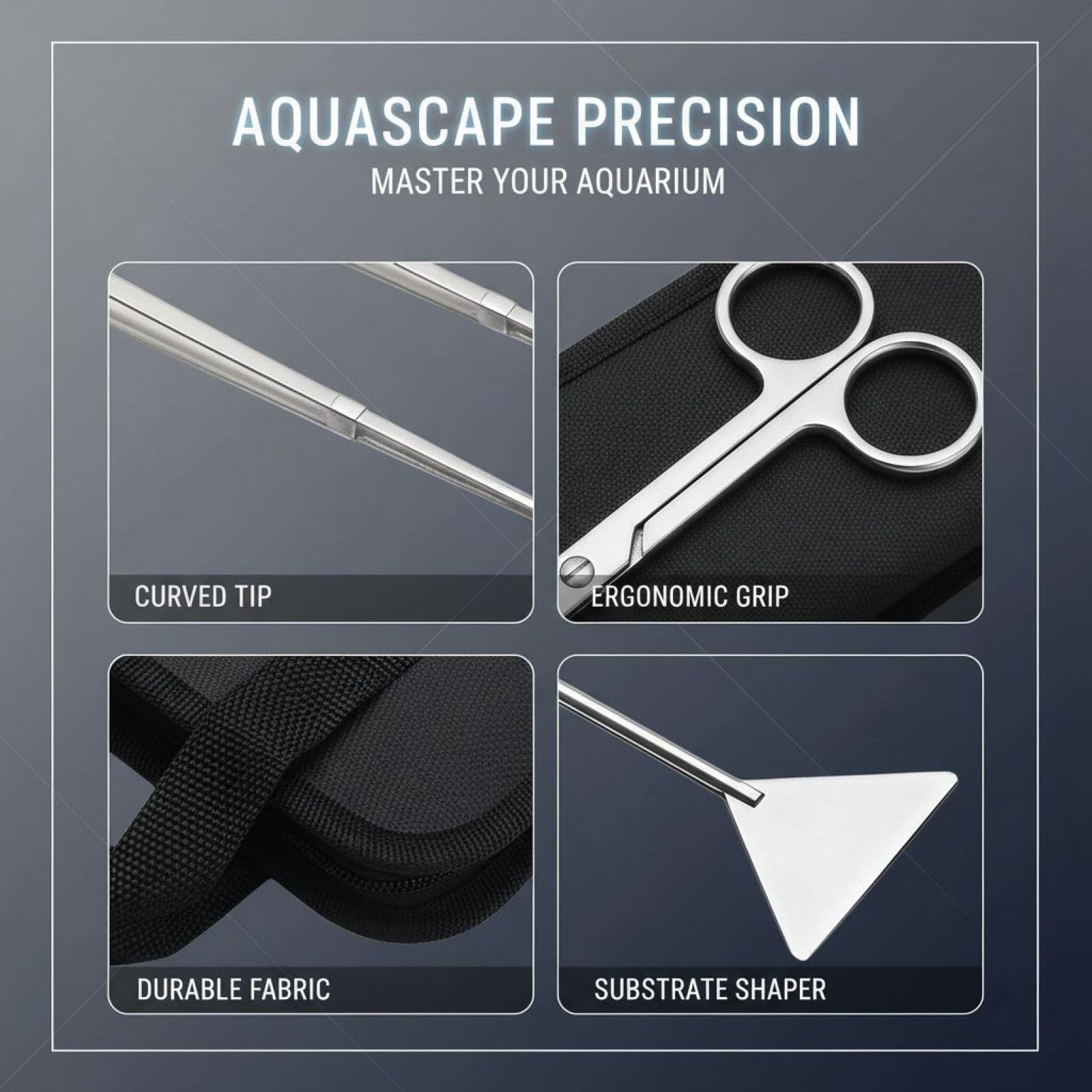 4 STK. Aquarium-Aquascape-Werkzeuge, Aquascaping-Werkzeugset aus Edelstahl, Set für Wasserpflanzen mit Canvas-Tasche, inklusive Pinzette, Schere und Spatel für Fischbecken und Pflanzen