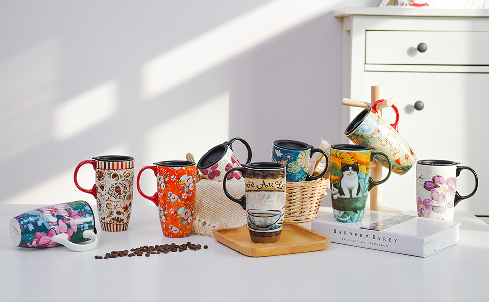Taza de cerámica para viaje 17oz con tapa diseño floral miniatura 7