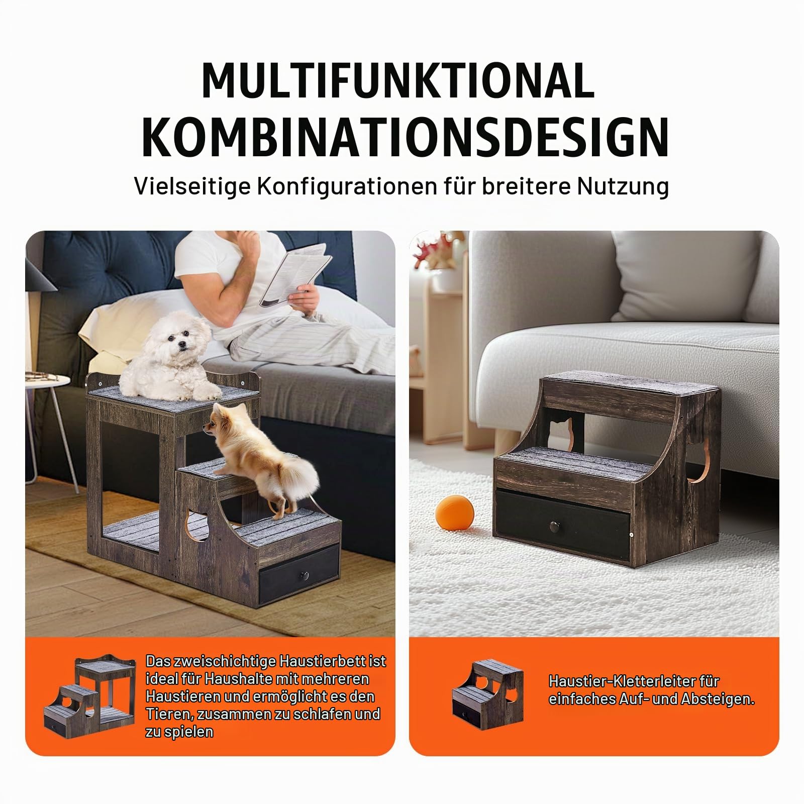 VEVOR Etagenbett für Haustiere mit Abnehmbarer Treppe, Fenstersitzstange für Hunde/Katzen mit Stauraum, mehrstufiges Bett, Fenstersitzstange, Schlafcouch, Sitzplattform für Haustiere, 830x450x675mm
