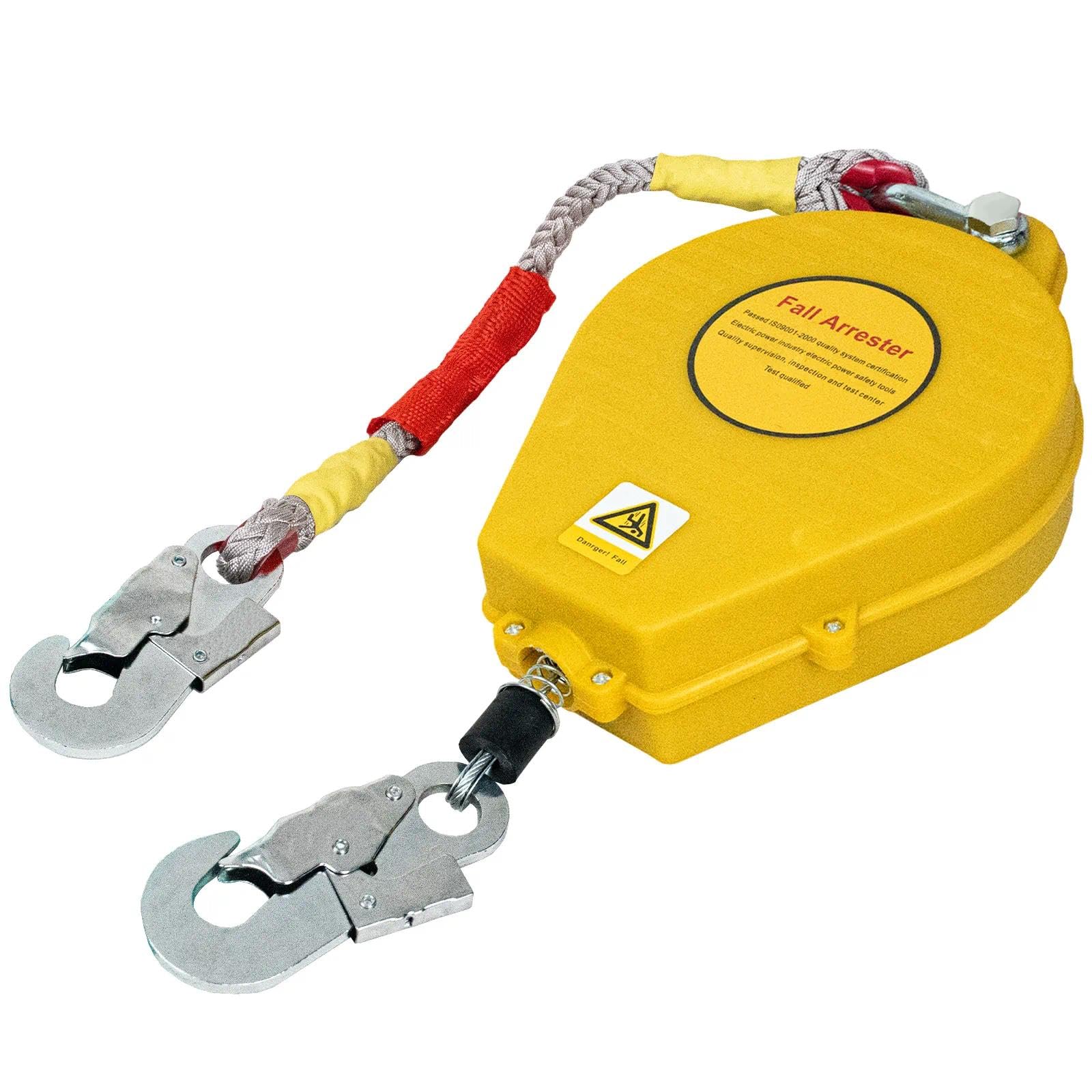 Linea de Vida Retractil Tejado 3-20m, Dispositivo Anticaida Retractil Homologado 150kg, Arnes Seguridad para Trabajo Altura/ Tejado con Cable 3.4 mm Diámetro (Amarillo, 7m) | Imprescindible para tejado y trabajo altura