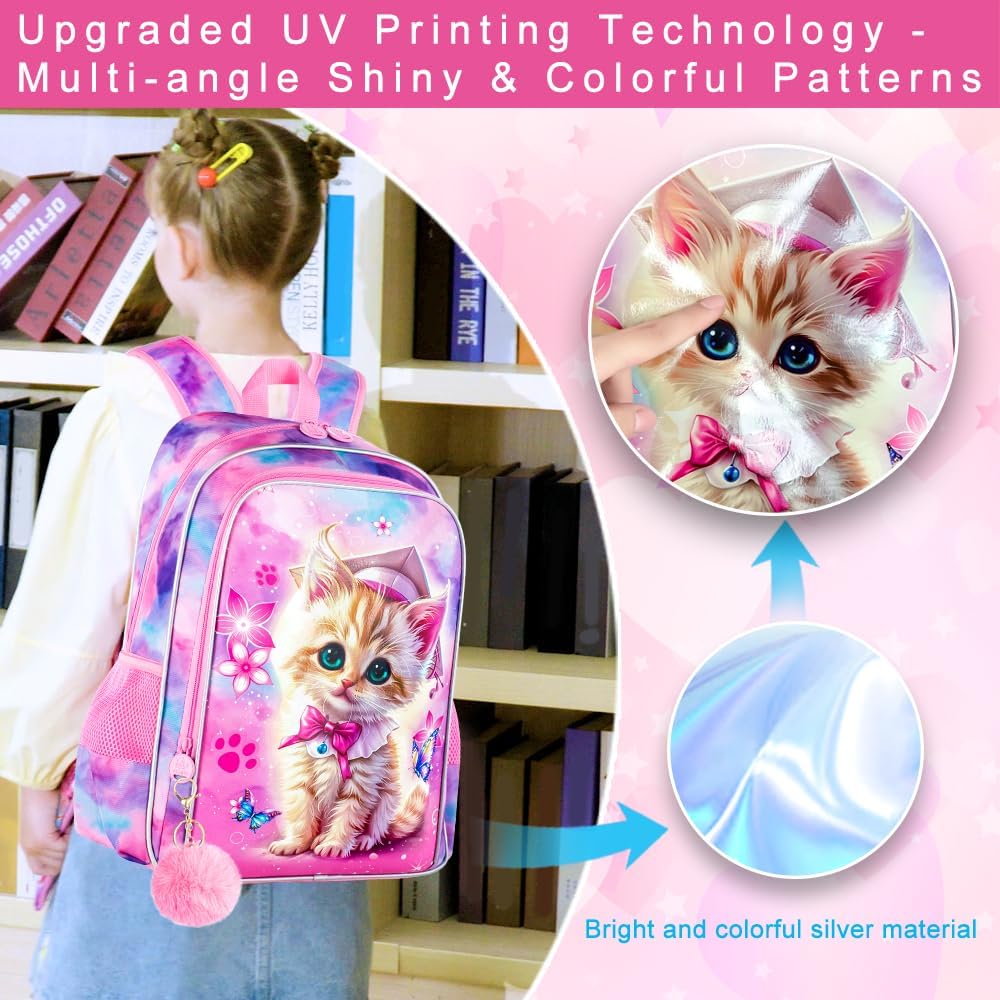 AGSDON 3PCS Backpacks for Girls, 16" Elementary Kids Cute Cat Backpack Preschool School Bookbags and Lunch Box - Image 6