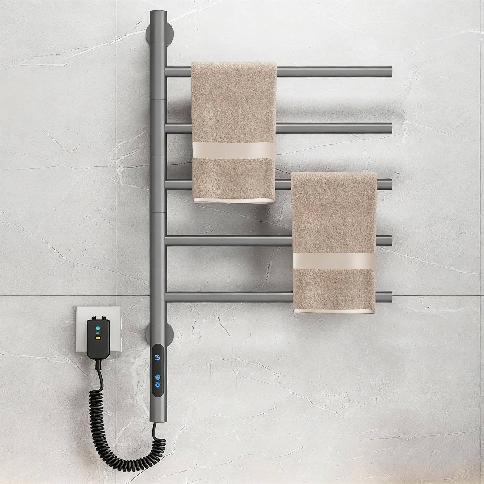 Toallero calefactable de pared en acero inoxidable gris de 5 barras con pantalla LCD