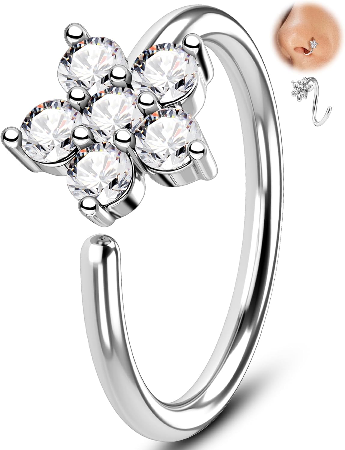 Melighting 20G Twist Nose Ring Hoop, 316L Surgical Steel Open Seamless Flower Nose Piercing Jewelry, with 3, 4, or 5 Round CZ Nostril Ring for Women Septum Cartilage Helix Piercing Jewellery
