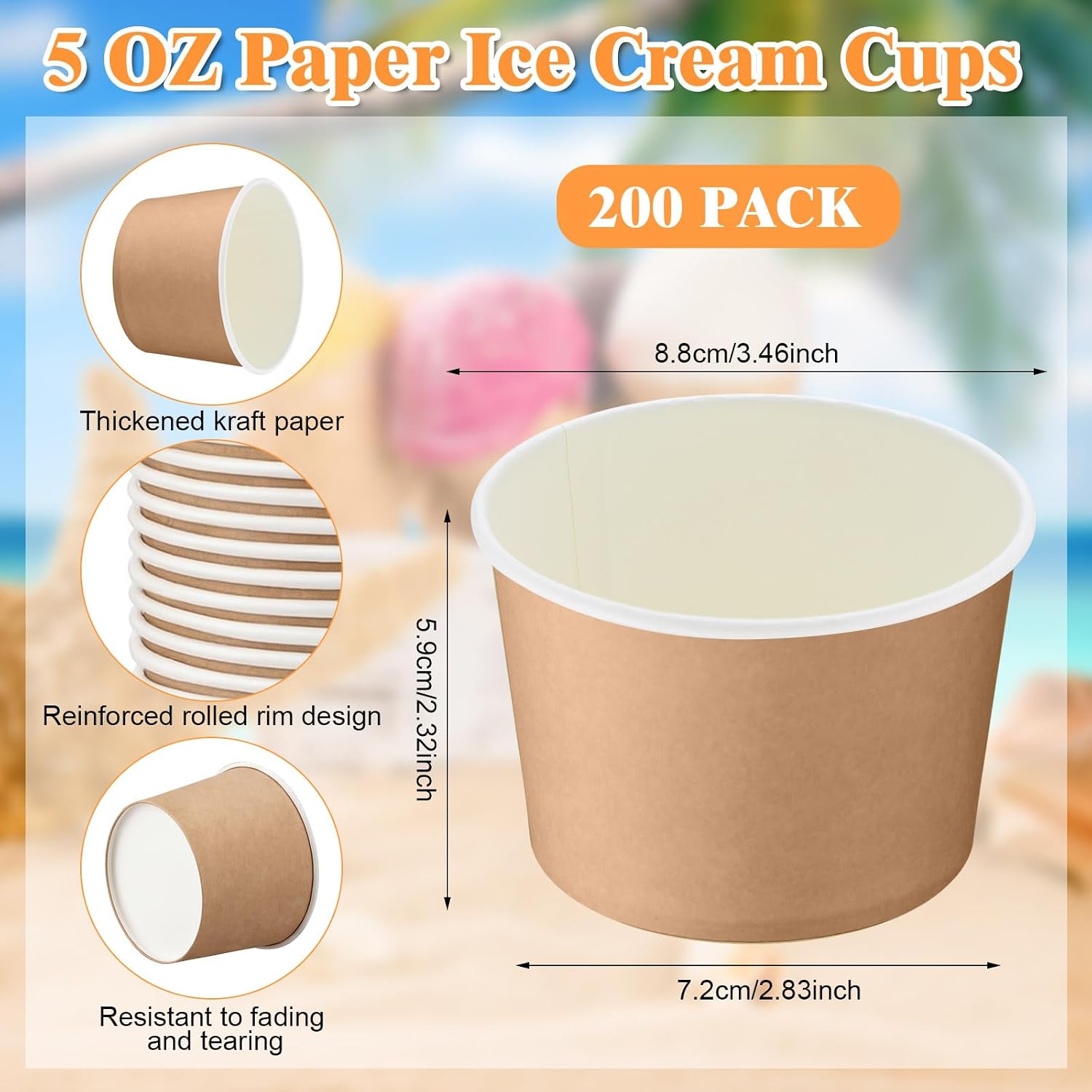 Honeydak 200 Pcs 8 oz Kraft Paper Ice Cream Cups Disposable Dessert Bowls for Hot or Cold Food Brown Paper Snack Containers for Sundae, Frozen Yogurt, Soup Baby Shower Party Supplies