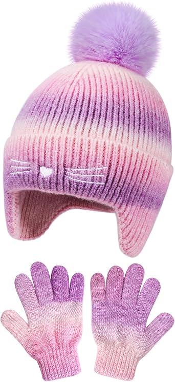 Girls Winter Hat and Gloves Set, Kids Cat Embroidered Knit Beanie with Earflaps Fleece Lined Pom Pom Ski Cap for 2-10Y