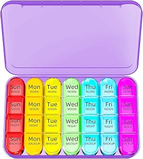 Odaro Weekly Pill Organizer 4 Times a Day, Daily Pill Box 7 Day, Large Travel Pill Case with 28 Compartment to Hold Medicine, Vitamin and Supplement - Purple Case