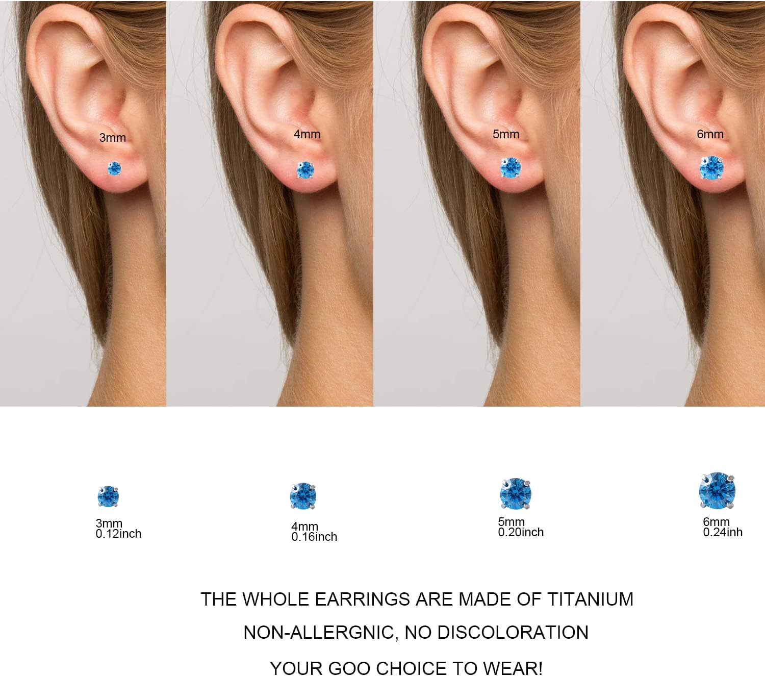 1 Pair Implant Grade Titanium Stud Earrings Set Hypoallergenic 3mm 4mm 5mm 6mm Cubic Zirconia G23 Titanium Earring Studs for Women Men for Sensitive Ear - Image 5