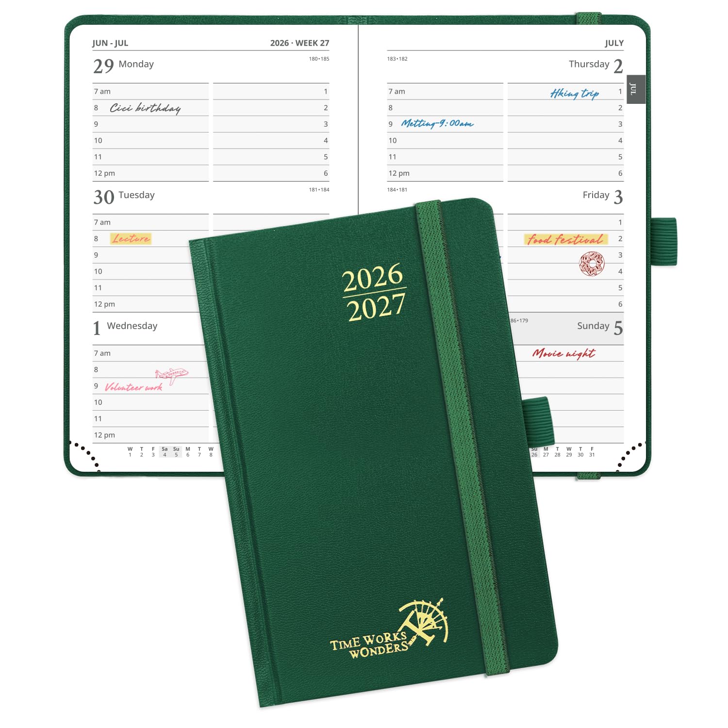 POPRUN 2026-2027 Academic Small Weekly Planner, 4" x 6.25" Purse Size Calendar, July 2026 to June 2027, Hardcover Appointment Book with Horizontal Layout, Hourly Time Slots - Dark Green