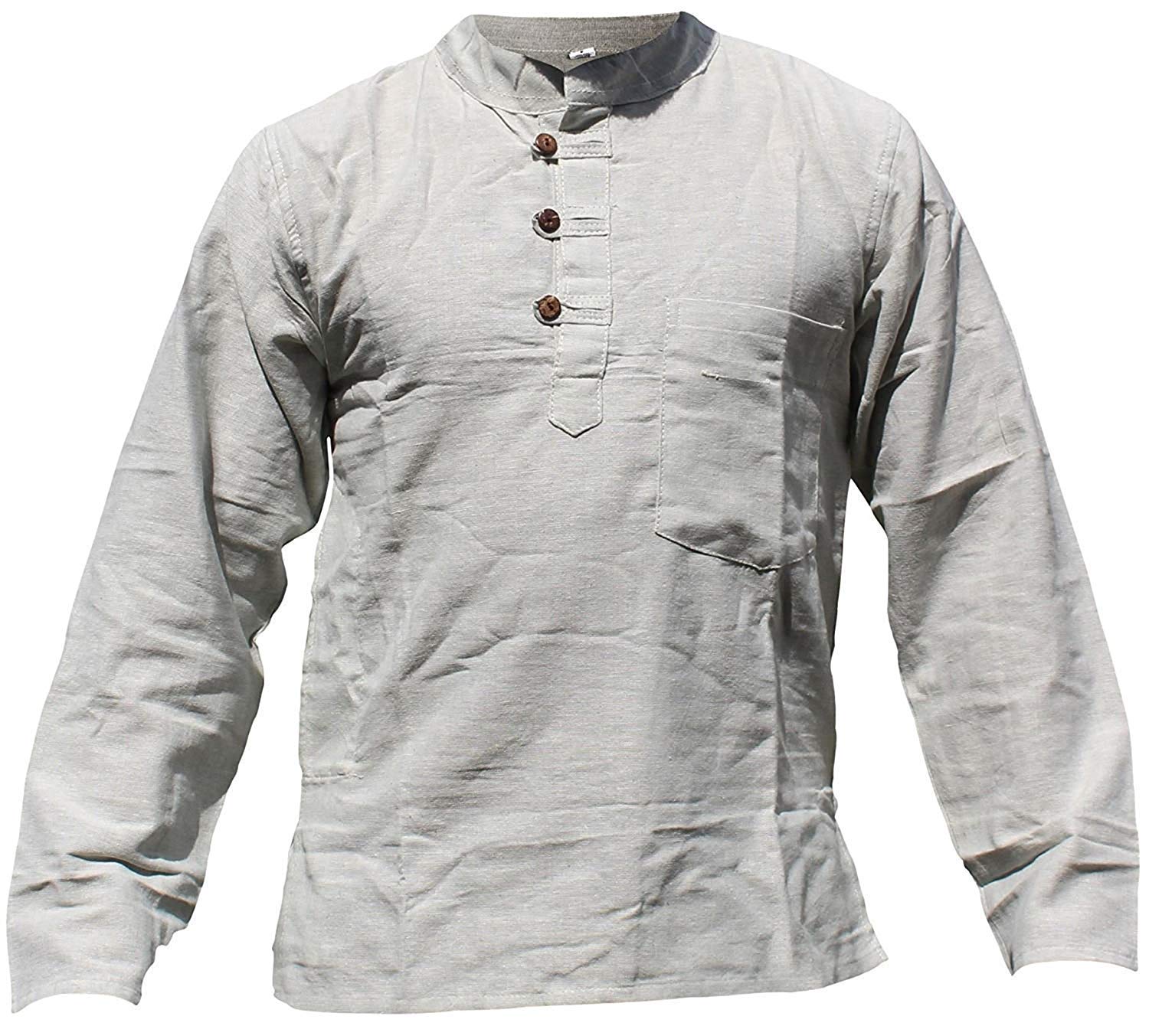SHOPOHOLIC FASHION Unisex Light Grey Hemp Cotton Hippy Grandad Shirt (2XL, Light Grey)