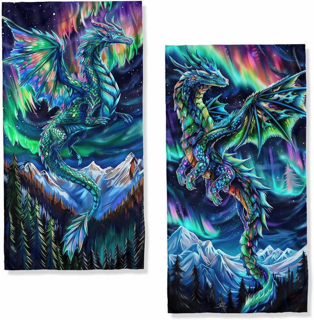 Dragon Kitchen Towels Decorative Set of 2 Night Sky Mountain Northern Lights Fantasy Dish Towels Hand Towels for Kitchen Farmhouse Holiday Home Decor Gifts for Women,Housewarming Gifts 16"x24"