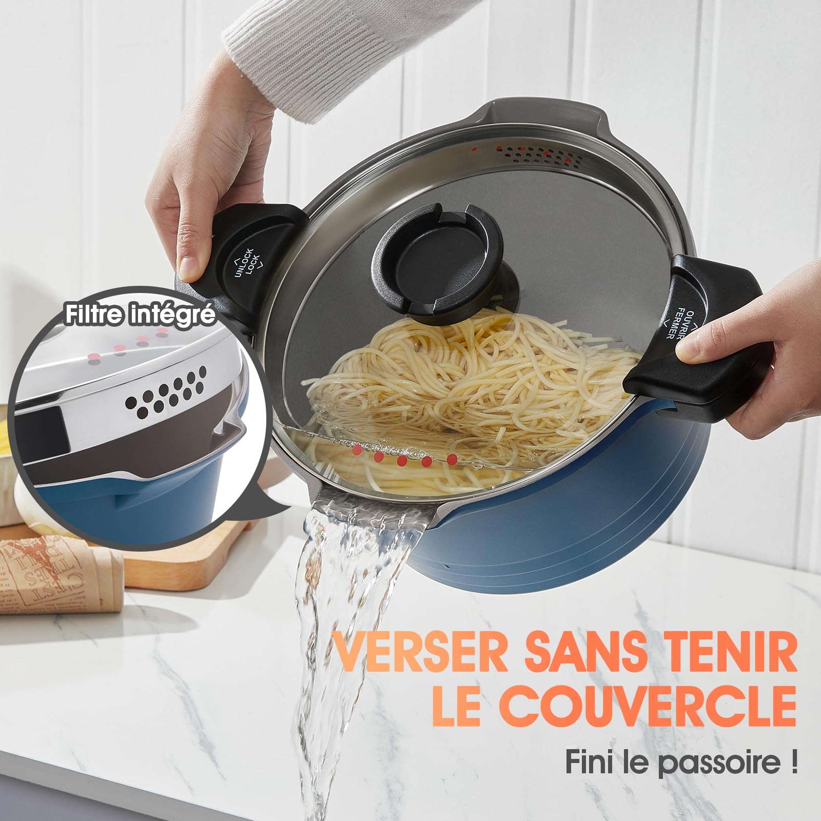 ROSSETTO Cuiseur à pâtes 24 cm 4,5L casserole induction, Revêtement Anti-Adhérent céramique, Faitout Marmite Fonte Aluminium tout feux, Couvercle en Verre, Bleu