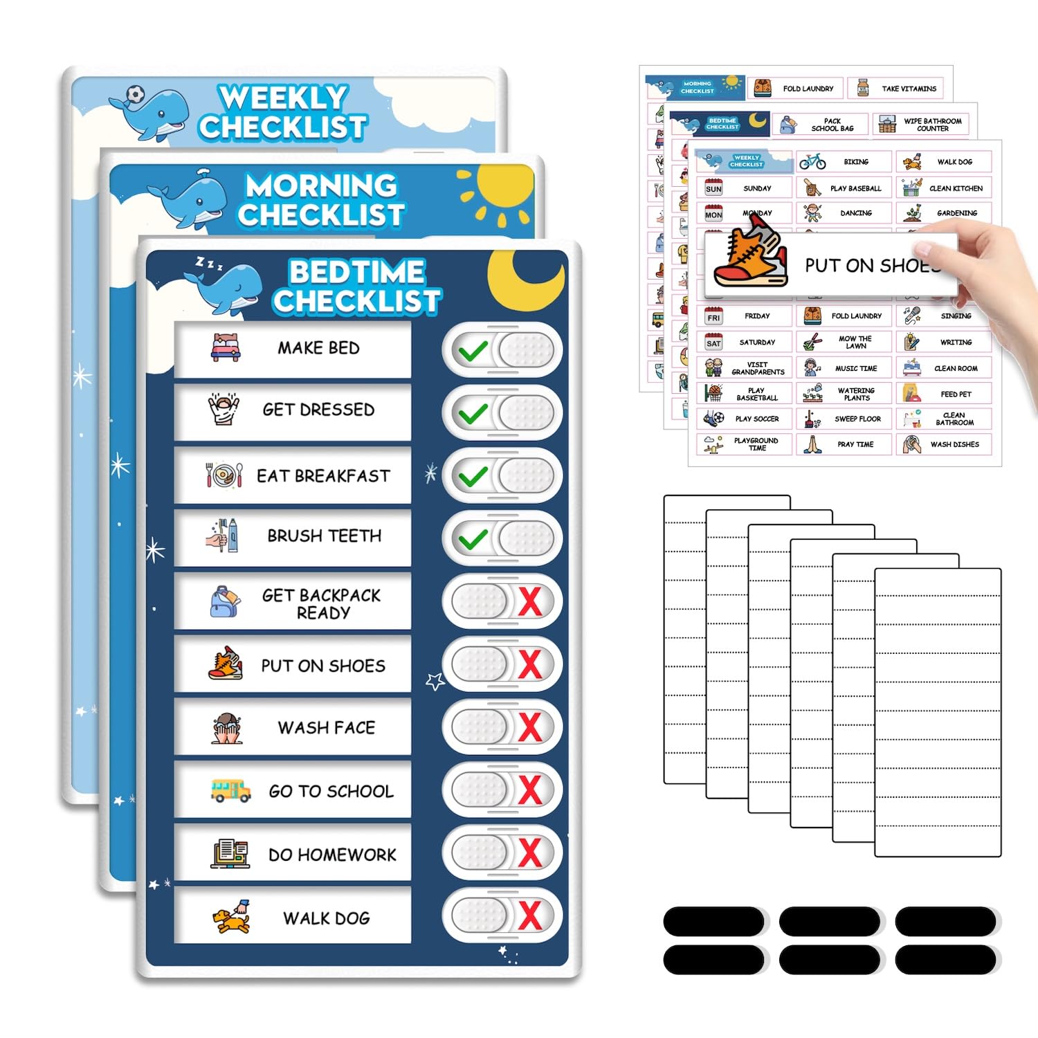 Upgraded Slider 3 in 1 Bedtime/Morning/Weekly Routine Chart for Kids, Magnetic Chore Chart for Kids with 99 Stickers, Cute Visual Schedule for Kid