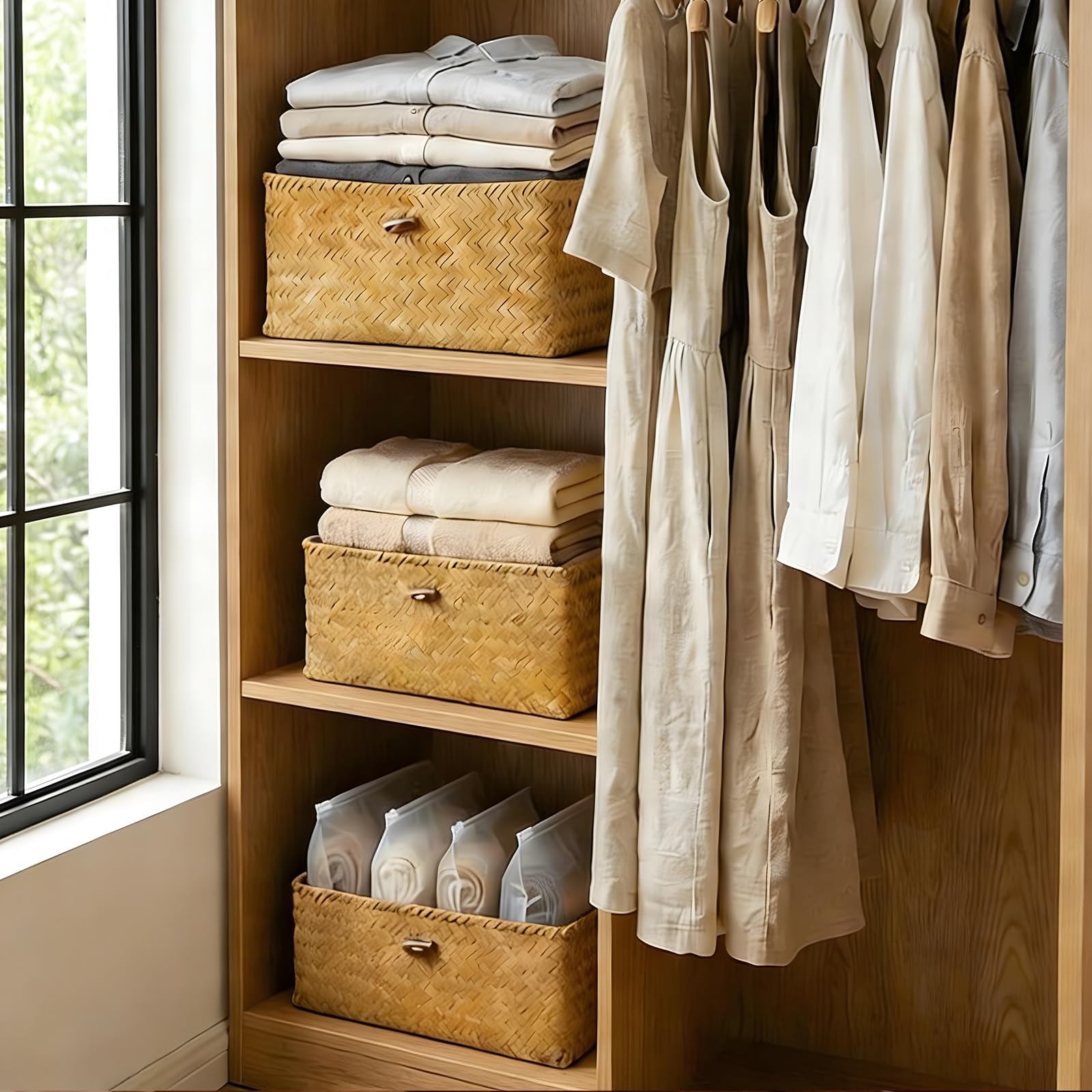 Set di 3 cesti di conservazione Lid, in erba marina naturale, con coperchio, in tessuto a mano, decorazione boho, soluzione regalo pronta per camera da letto, soggiorno e ufficio (A)