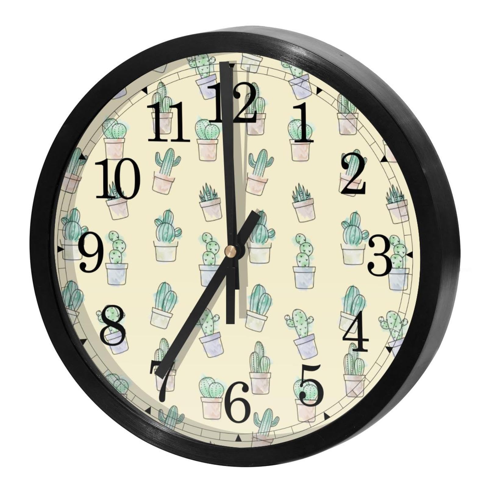 Horloge murale silencieuse pour mieux dormir avec motif cactus jaune