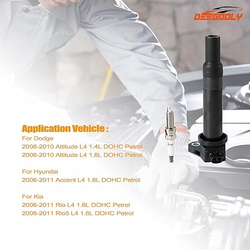 Miniatura 4 de Paquete de 4 bobinas de encendido UF499 y bujías de iridio BKR5ES-11 compatibles con Hyundai Accent 2006-2011 y para Kia Rio Rio5 2006-2011, L4 1.4L